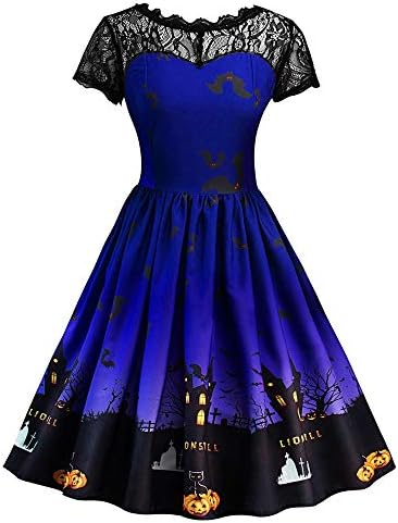 Women's Halloween Dresses Clearance Autumn Short Sleeve Pumpkin Print Funny A-Line Lace Vintage Cocktail Dress