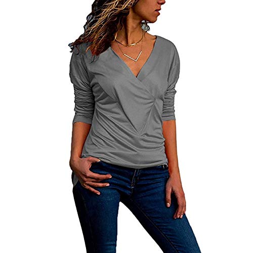ZEFOTIM Fashion Womens Solid T-Shirt V-Neck Office Ladies Plain Roll Sleeve Blouse Tops(Large,Grey) - Thumbnail 3
