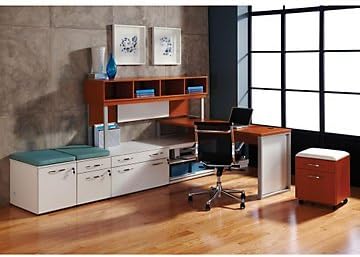 Causeway L Desk w/Storage-72"W(Mocha Laminate Desk, Hutch and Mobile Pedestal/White Laminate Storage Cabinet and Files/Coral Reef Cushion/Gray Aluminum and White Glass Frame)