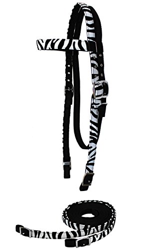 Tahoe Tack Zebra Print Overlay Nylon Western Browband Headstall with Matching Reins (White Zebra)