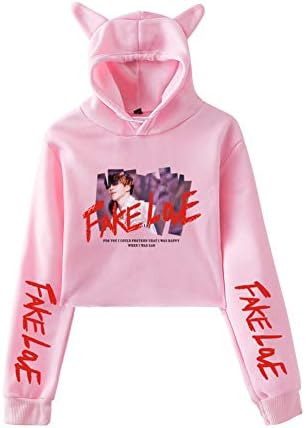 SLIEWU Women BTS Fake Love Hooded Sweatshirt Girls Cat Ears Crop Top