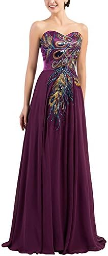 Women Strapless Peacock Embroidered Chiffon Ball Gown Party Dress Wine Red US18W