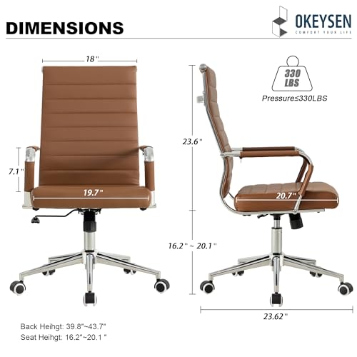 Okeysen Leather Office Desk Chair, Ergonomic Modern Conference Room Chairs with Wheels 360 Swivel, Executive Ribbed Height Adjustable Chair for Home Office.(Brown)