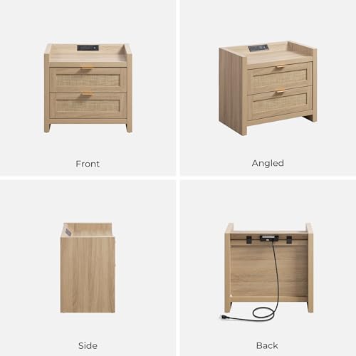 SICOTAS Rattan Nightstands Set of 2 Bedside Table - Bedroom Night Stand with Type-C Charging Station, 2 Drawers Storage - Boho Night Stands End Table for Bedroom Office - Light Oak