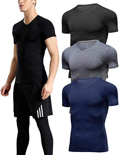 Lavento Men's Compression Shirts Cool Dry Short-Sleeve Workout Undershirts (3 Pack-V Neck Black/Dark Gray/Navy Blue,2X-Large) - Thumbnail 6