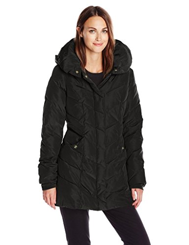 Steve Maddens Womens Packable Winter Chevron Fleece Lined Puffer Coat with Hood - Black (Size M)