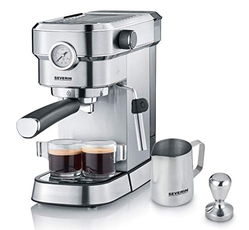 SEVERIN Espressomaschine "Espresa Plus", Siebträgermaschine mit 3 Einsätzen, Kaffeemaschine mit Milchschäumer und Manometer, inkl. Barista-Starterset, Edelstahl-gebürstet/schwarz, KA 5995