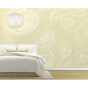 White Rose Pattern on a Soft Yellow Background, Pastel - Wall Mural, Removable Sticker, Home Decor - 66x96 inches