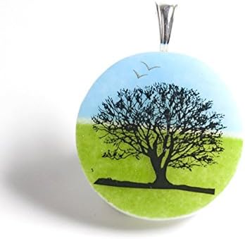 Round Pendant Tree and Birds made with Blue and Green Fused Glass