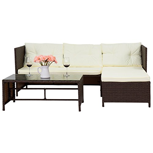3-Piece Outdoor Patio Furniture Rattan Wicker Sofa and Chaise Lounge Set Mix Brown