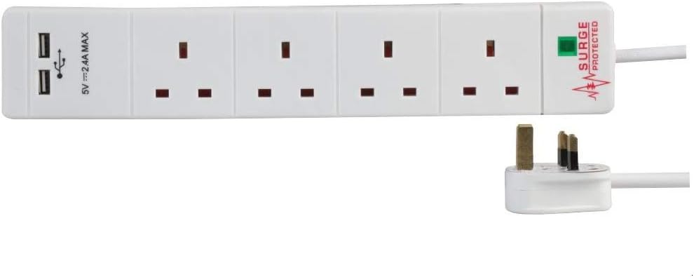 PRO ELEC PEL00096 4 Gang USB Surge Protected Extension Lead 1 m White