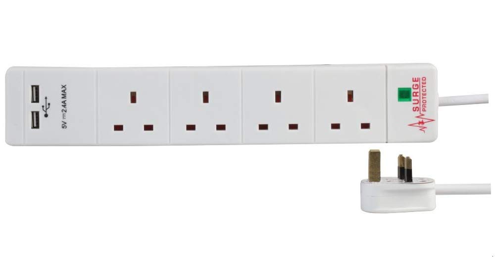 Pro Elec PEL00099 4 Way 2 USB Surge Protected Extension Lead, 5 m, White