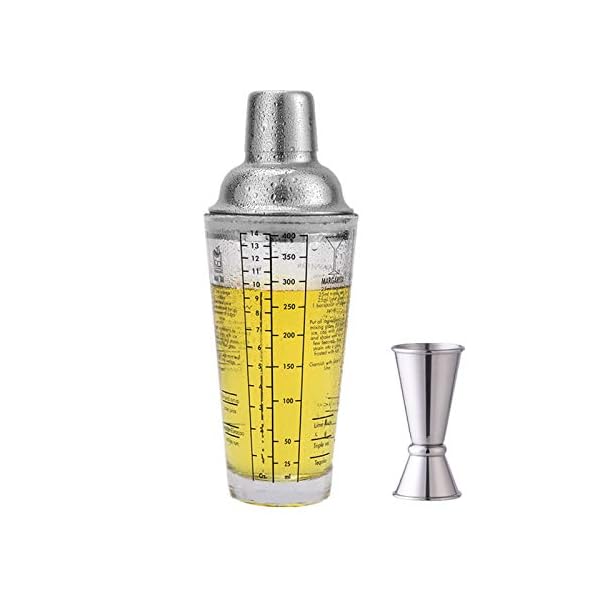 Cocktail-Shaker aus Glas, bedruckt mit Rezepten, 400 ml, Martini-Shaker mit doppeltem Messbecher, Edelstahl 18/8…