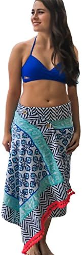 Simple Sarongs Women's Swimsuit Cover Up &amp; Beach Towel All-in-One Plus Size Blue Pom Pom