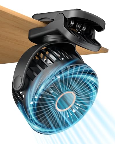FrSara USB Battery Powered Clip on Fan, Portable Small Fan with USB TYPE-C Charging, 3 Speeds Strong Airflow, with Sturdy Clamp, Quiet Desk Fan, Ideal for Bedroom Office Desktop Treadmill, Black