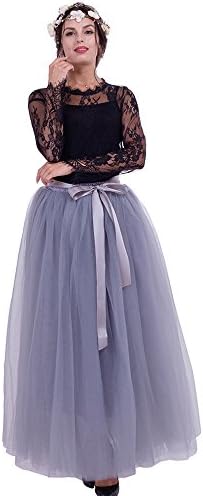 Party Train Maxi Long Tutu Tulle Skirt For Women Floor Length 7 Layers Pleated Bridesmaid Skirts Gray