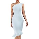 UONBOX Women's One Shoulder Sleeveless Bodycon Dress Midi Mermaid Party Bandage Dress