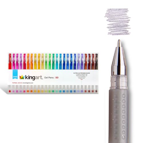 KINGART 400-50 Comfort Grip Gel Pens, Set of 50 Unique Glitter Colors