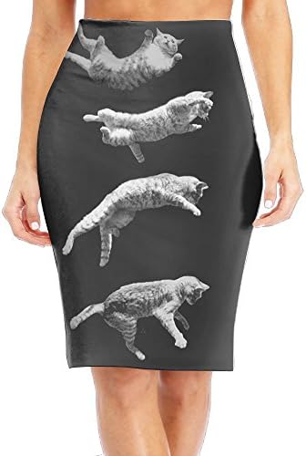 WANING MOON Women's Cute Cat Landed High Waist Slim Skirt Office Pencil Dress for Women Length