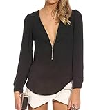Amoin Womens Long Sleeve V Neck Zipper Sexy Chiffon Pullover Blouse T-shirt