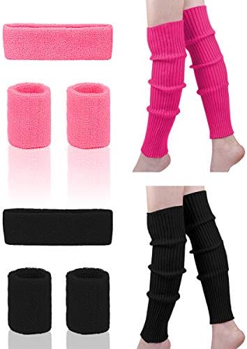 Leg Warmers Set - Women 80s Pink knitted leg warmers Running Headband Wristbands Warmers 80s Theme Party Accessories