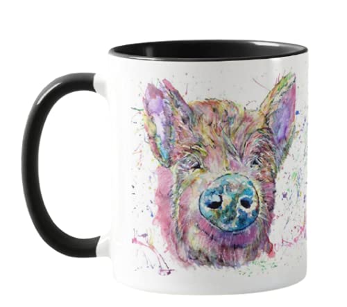 Vixar Pig Farm Animal Watercolour Rainbow Art Coloured Mug Cup, Gift, Birthday, Work, Office, Christmas Tea Coffee (Black)