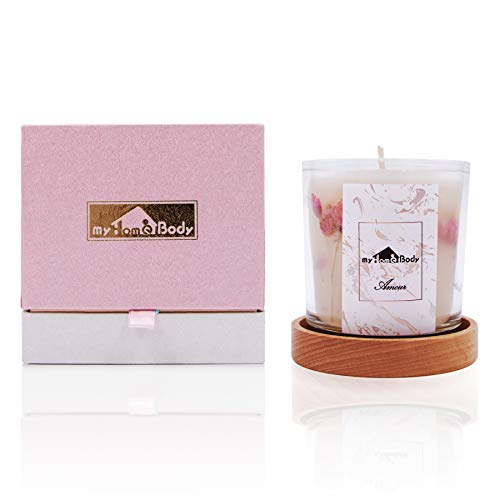 myHomeBody Luxury Handmade Natural Soy Scented Aromatherapy Candle with Real Flowers and 100% Essential Oils – Gifts for Bath or Meditation – Amour (Rose)