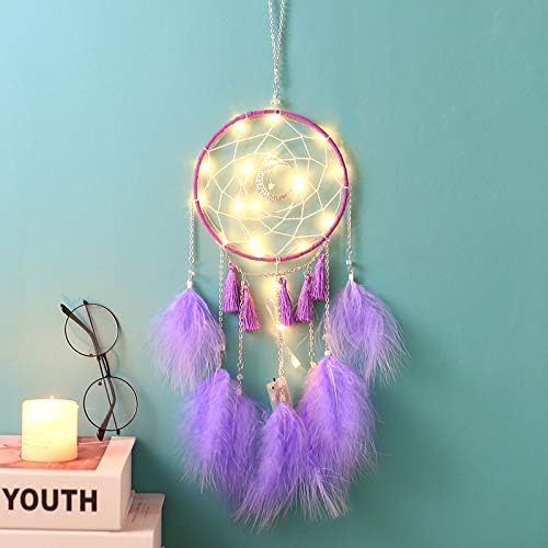 4inloveme Pure Handmade Dream Catcher with Light Beautiful Moon Star Native American Dream Catchers Authentic Dreamcatchers Home Wall Hanging Decoration Wedding Craft (Purple+Light)