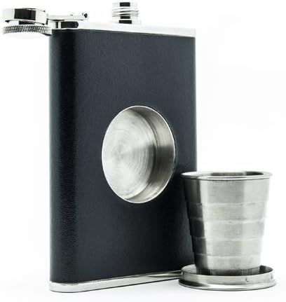 The Original Shot Flask - 8oz Hip Flask with a Built-in Collapsible Shot Glass - Stainless Steel with Premium Bonded Leather Wrapping