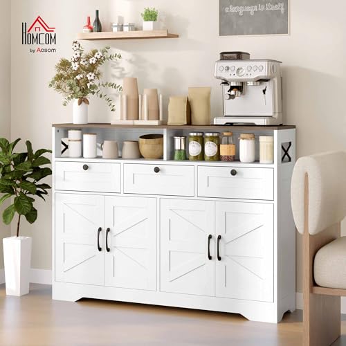 HOMCOM Sideboard Buffet Cabinet, 47" Farmhouse Kitchen Storage Cabinet with 4 Barn Doors and 3 Drawers, Coffee Bar Station with 2 Adjustable Shelves, 2 Open Shelves, White