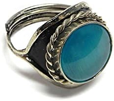 Mia Jewel Shop Small Round Cat's Eye Gemstone Silver Rope Edge Adjustable Ring