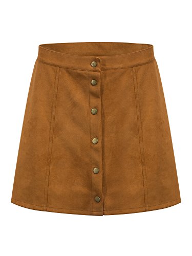 Persun Women's Faux Suedettte Button Closure Plain A-line Mini Skirt, Kahki, L