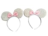 Kenza Mickey/Minnie Mouse Ears Headband For Boys Girls, Parties, Disneyland, More (Sparkling Silver With Pink Bow)