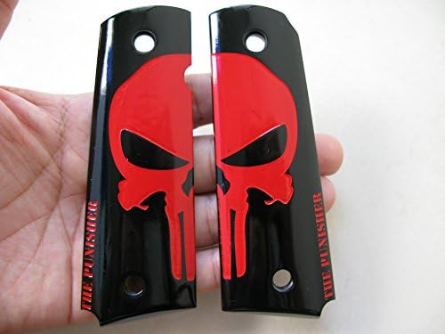 NEW BIG RED SKULL PUNISHER ON BLACK POLYMER RESIN GRIPS OF 1911 FULL SIZE CLONE, COLT GOVERNMENT, SPRINGFIELD, KIMBER, SHIP FROM THAILAND