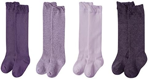 Alva Edison 4-Pack Soft Cotton  Edge-Rolling Plain Baby Girl Stockings Over-the-Calf High Socks for New-born Baby Girls &amp; Toddler Girls (2-4Y Toddler, Sole 12 cm, 4 Colour)
