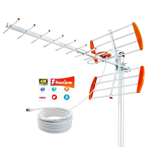 Antena TV Exterior Potente – Antena TDT HD 4K/1080P con Señal Estable UHF/VHF, Diseño Resistente a la Intemperie, Instalación en Tejado, Ático o Exterior, Cable de 10 m, Mástil No Incluido