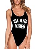 Women's Letter Print Backless One Piece Monokini Bikini (S, Black Island)