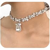JWICOS Full Rhinestone Choker Necklace for Women and Brides Silver Crystal Teardrop Pendant Chain Choker for Party Prom