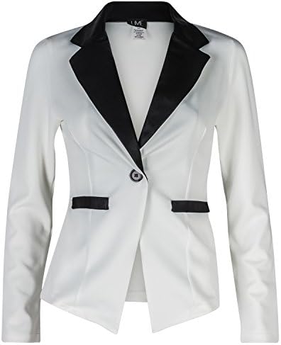 Contenta Women's Tuxedo Blazer. Dressy Long Sleeve PU Contrast Lapel Jacket. (XX-Large, White/Black)