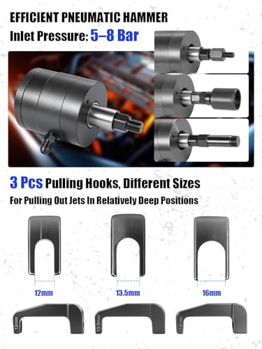 Ghekkli 27Pcs Pneumatic Injector Pullers, Injector Disassembly Tool with 19 Adapters, 3 Extraction Hooks and 1/4" 4 Connectors(US/UK/EU/JP)