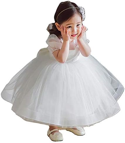 Kocekid 赤ちゃんドレス フォーマルドレス 洋服 ベビー用ウェディングドレス お宮参りドレス 結婚式 ホワイト フラワーガールドレス ベビー用洋装 チュール パフ袖 ベビーロングドレス 写真撮影 １歳