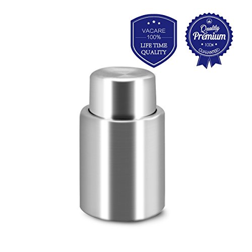 Vacare Vacuum Wine Stopper - Wine Stopper to Remove Air and Vacuum Seal Open Wine Bottle for over 10 Days Vacuum Wine Preserver - Vacuum Wine Saver S/Steel Wine Preserver 1pack