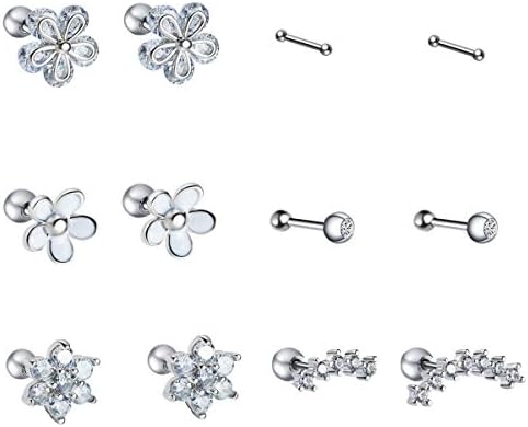 JDXN 5-6 Pair Stainless Steel Ear Tragus Helix Conch Cartilage Piercing Set CZ Flower Earrings for Women