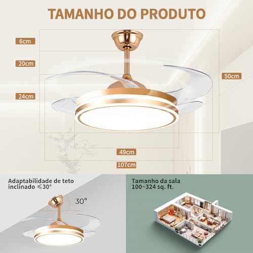 Ventilador de Teto 107CM Dourado, Inverter de 6 Velocidades, Ventilador de Teto com Controle Remoto, 4 Pás, Diâmetro da Lâmpada 49cm, Controle Remoto, LED 72W 3 Cores Altermáveis