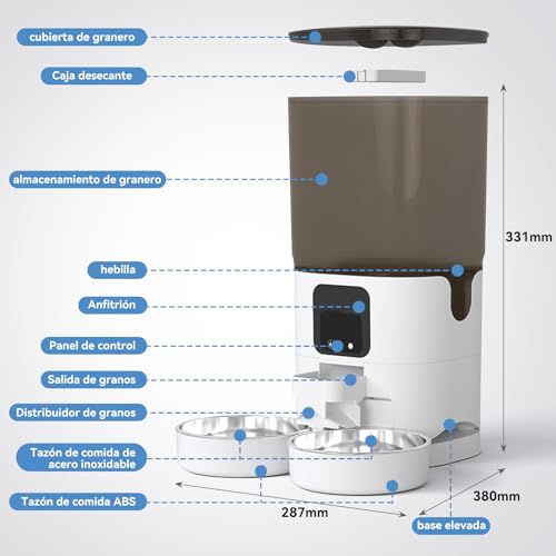 LOKOOY 7L Comedero Automático Para Gatos Con Doble Bol de Acero Inoxidable,Control APP, Comedero WiFi,Dispensador de Comida Para Perro y Gato Con Temporizador, Voz de 10 Segundos，Alimentador Para Gato