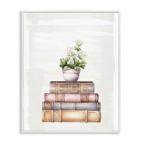Stupell Industries Floral Pot & Vintage Books White Framed Giclee Art, design b…