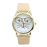 Top Plaza Fashion Women's Platinum Plated Mini Cat Glasses Analog Quartz Watch, PU Leather Strap Gold Tone - Beige Brown