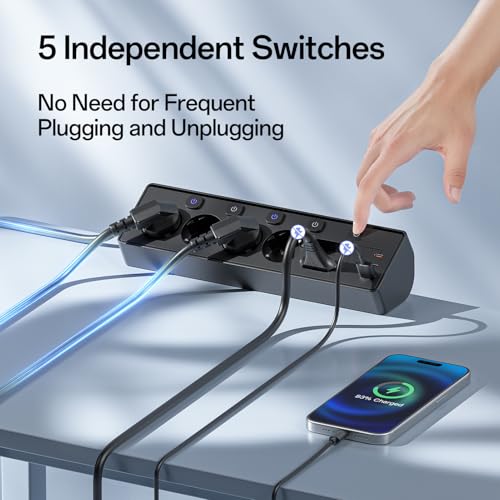 6-Way Power Strip with 3 USB PD 30 W, Kemelo Multiple Socket with Switch, 9 in 1 Table Socket Surge Protection Desk Accessories, 2 m Extension Cable Desk Socket, Black