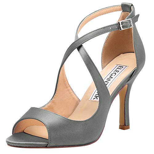 ElegantPark HP1820 Steel Grey Heels Sandalias de tiras para mujer Sandalias de tacón alto Peep Toe Fiesta de satén Vestido de noche Zapatos con hebilla EE. UU. 6