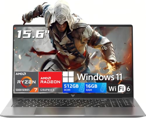 2026 AMD Gaming Laptop with Ryzen 7 5700U Processor(8C/16T, Up to 4.3GHz), 15.6" Display Gaming Computer, AMD Radeon™ Graphics, 16GB RAM 512GB NVMe SSD, BK, WiFi 6, HDMI, Type-C, Webcam Cover Slide